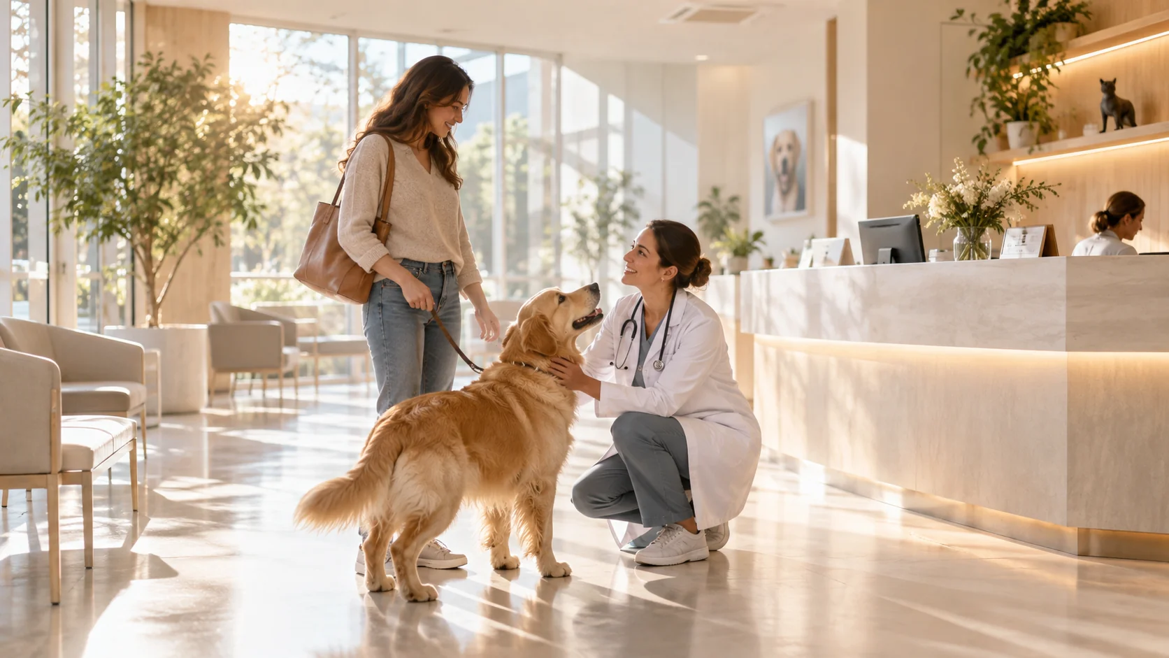 Hospital veterinário acolhedor com equipe, tutora e cão demonstrativo