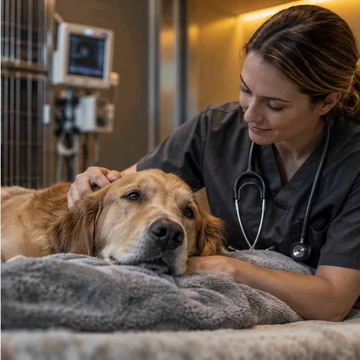 Cão em recuperação tranquila acompanhado por veterinário