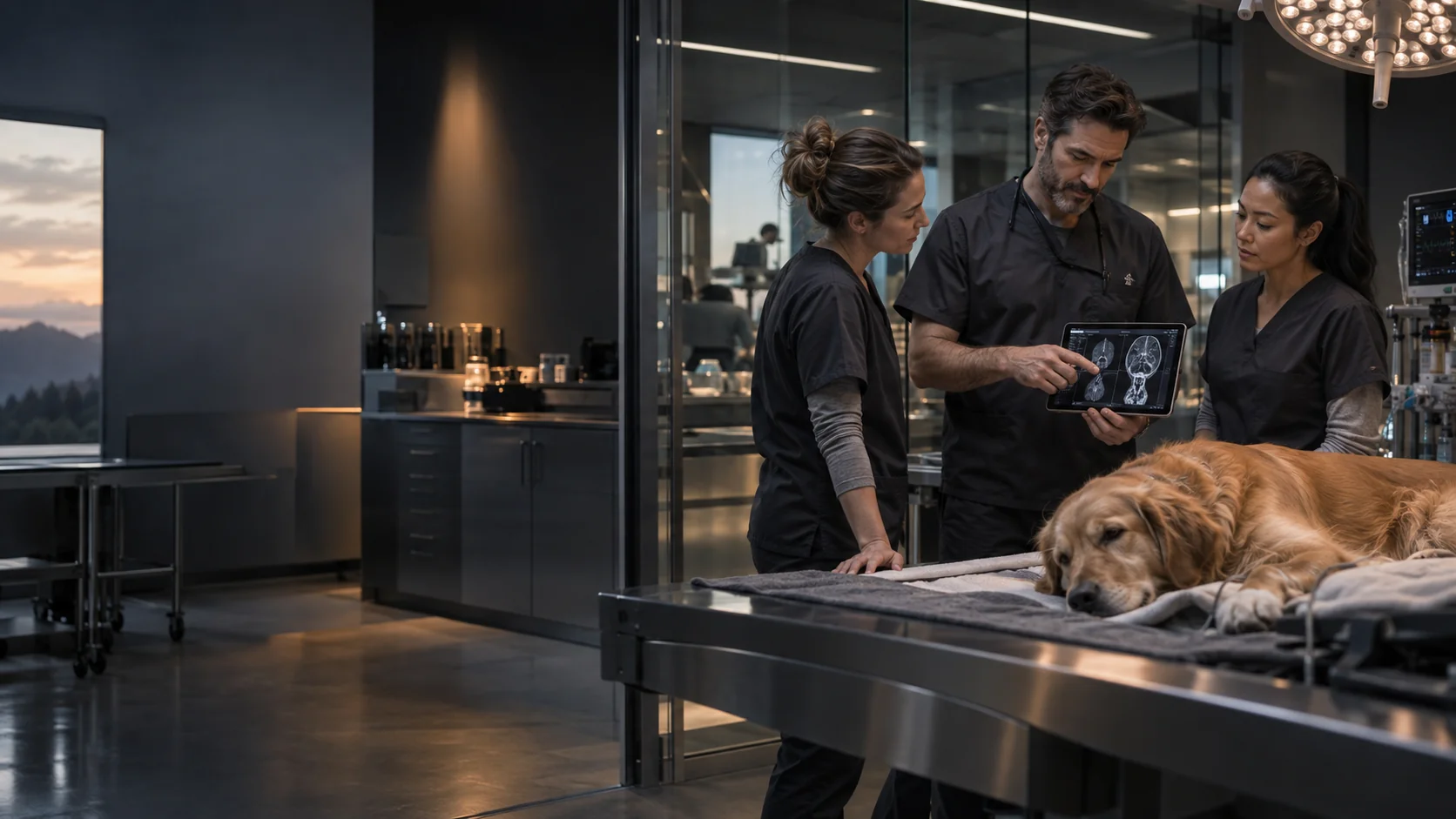 Equipe veterinária planeja um procedimento em ambiente clínico demonstrativa