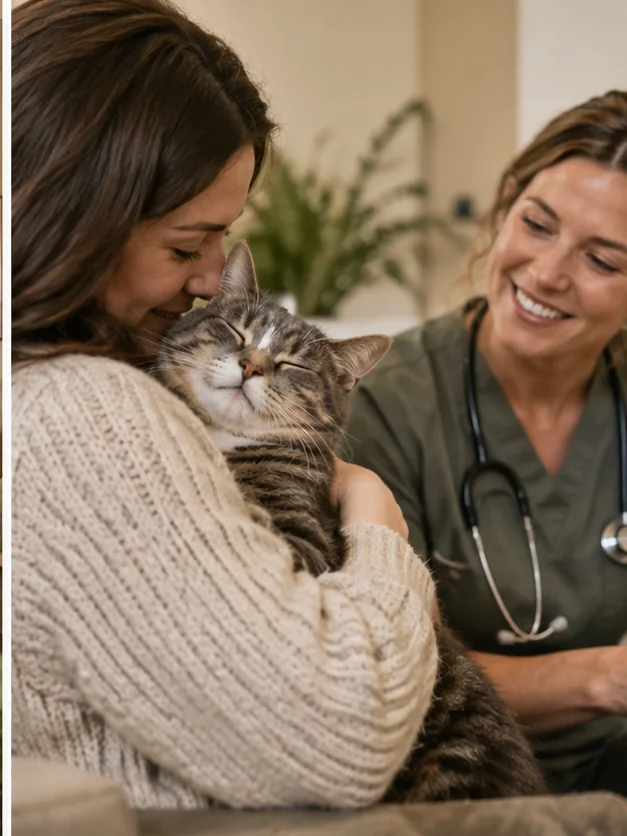 Tutora e gato em momento de acolhimento na clínica