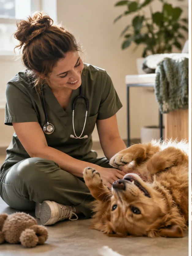Veterinária interage com cão em clínica acolhedora