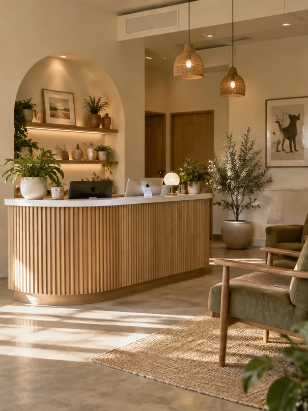 Recepção acolhedora da clínica veterinária Casa Pata