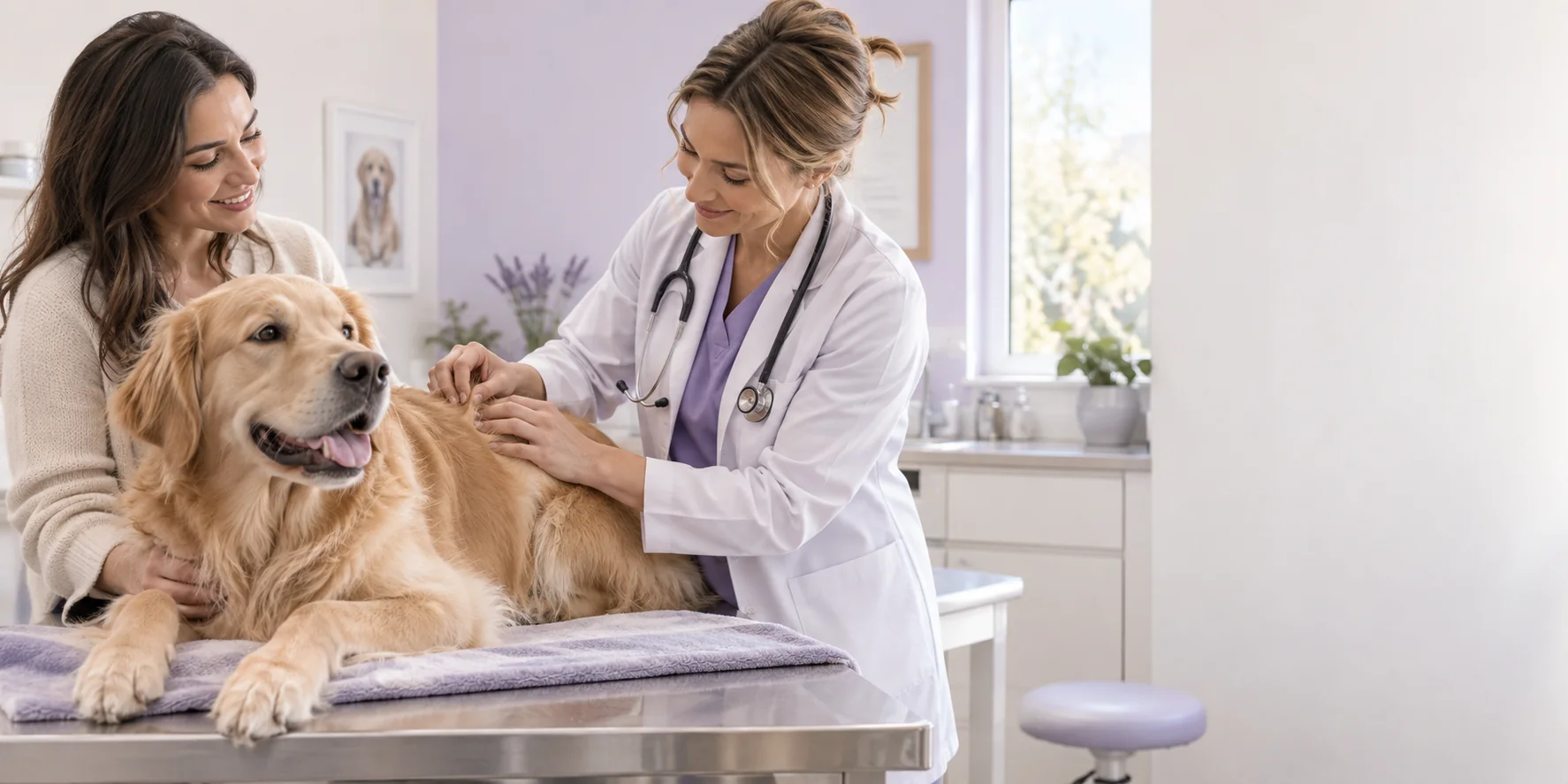 Veterinária examina a pelagem de um cão em ambiente claro demonstrativa