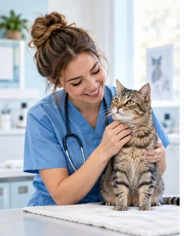 Veterinária em consulta com gato
