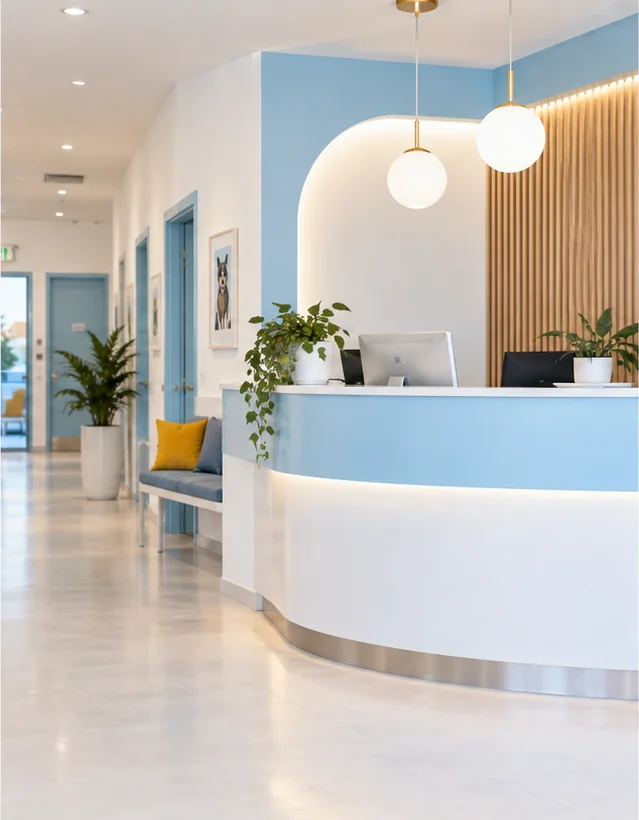 Recepção clara e moderna da clínica veterinária