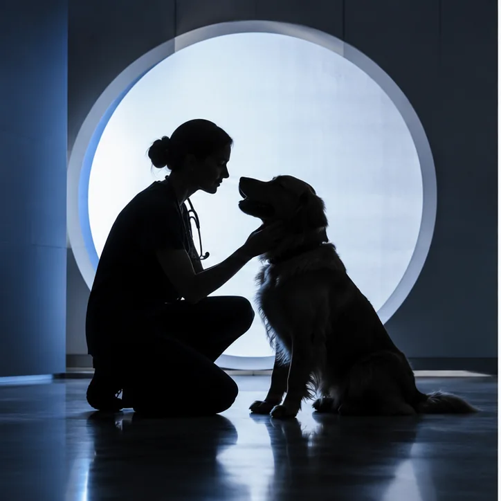 Profissional veterinário com cão em hospital tecnológico