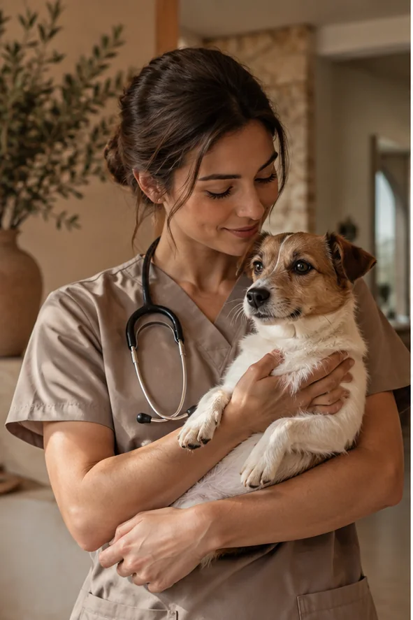 Profissional veterinária com cão em clínica boutique