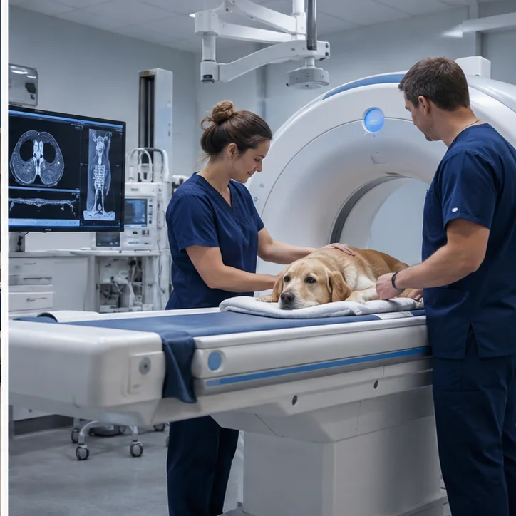 Sala de diagnóstico veterinário com animal tranquilo