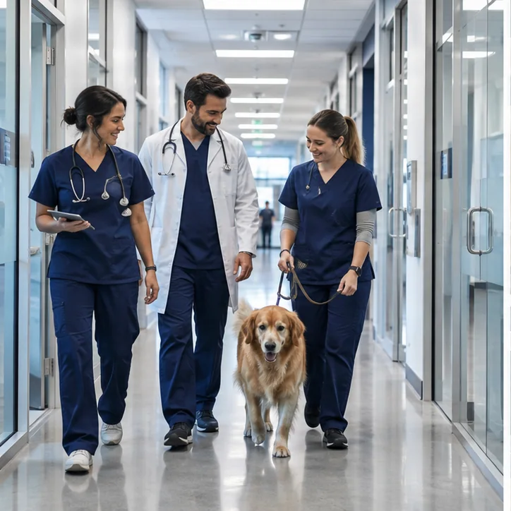Equipe veterinária de hospital veterinário em ambiente clínico