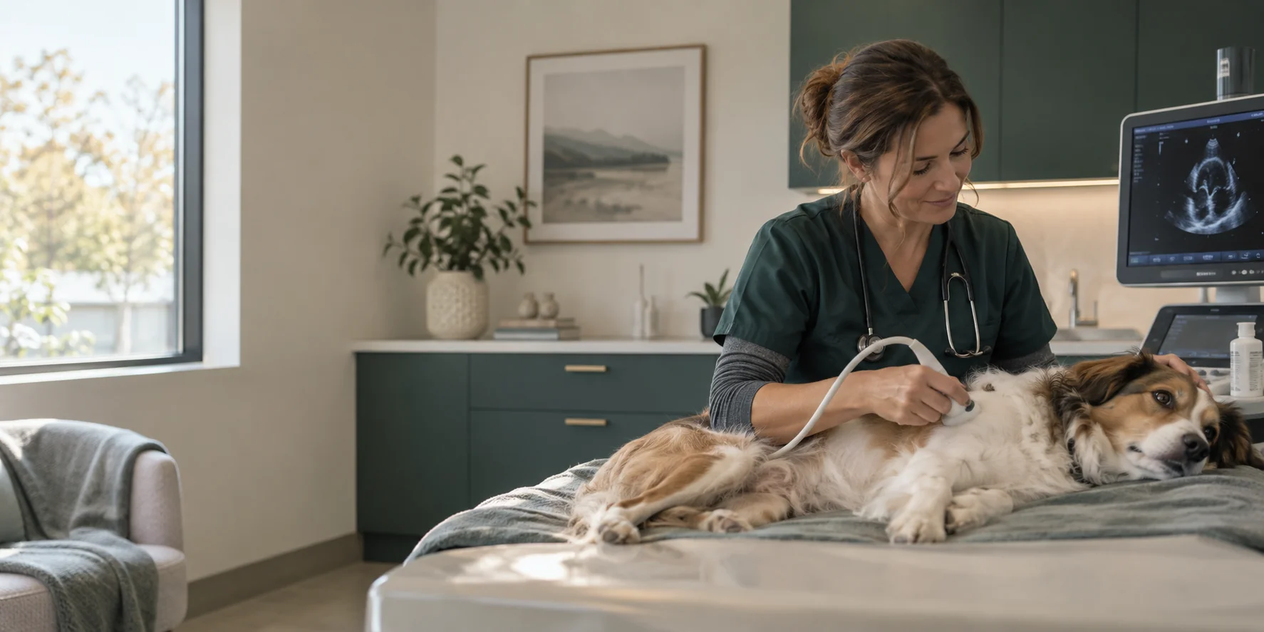 Cão em avaliação cardiológica em uma sala de consulta demonstrativa