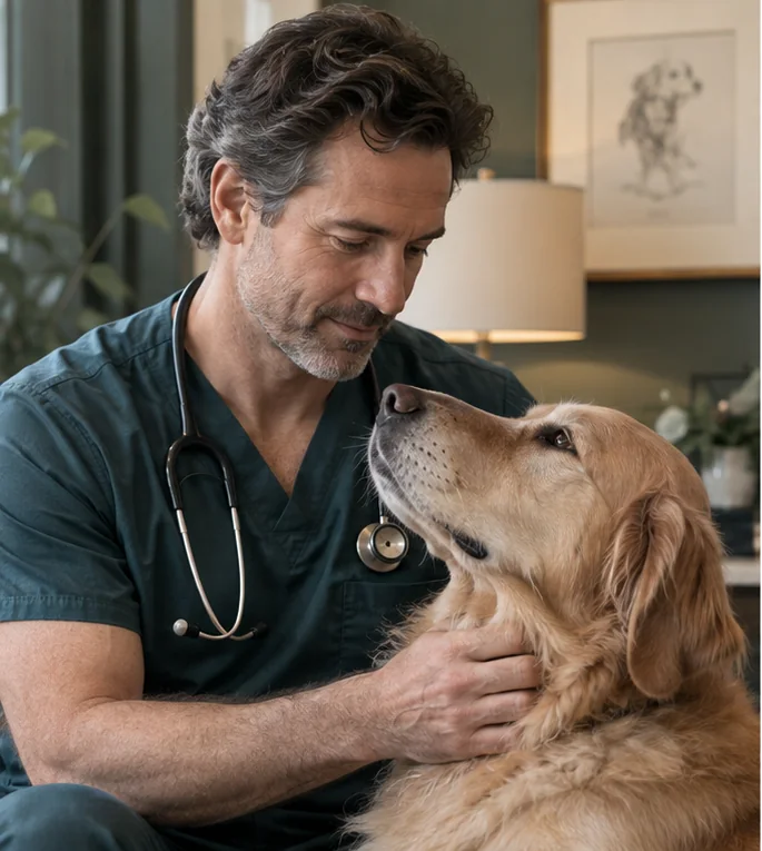 Médico veterinário com cão