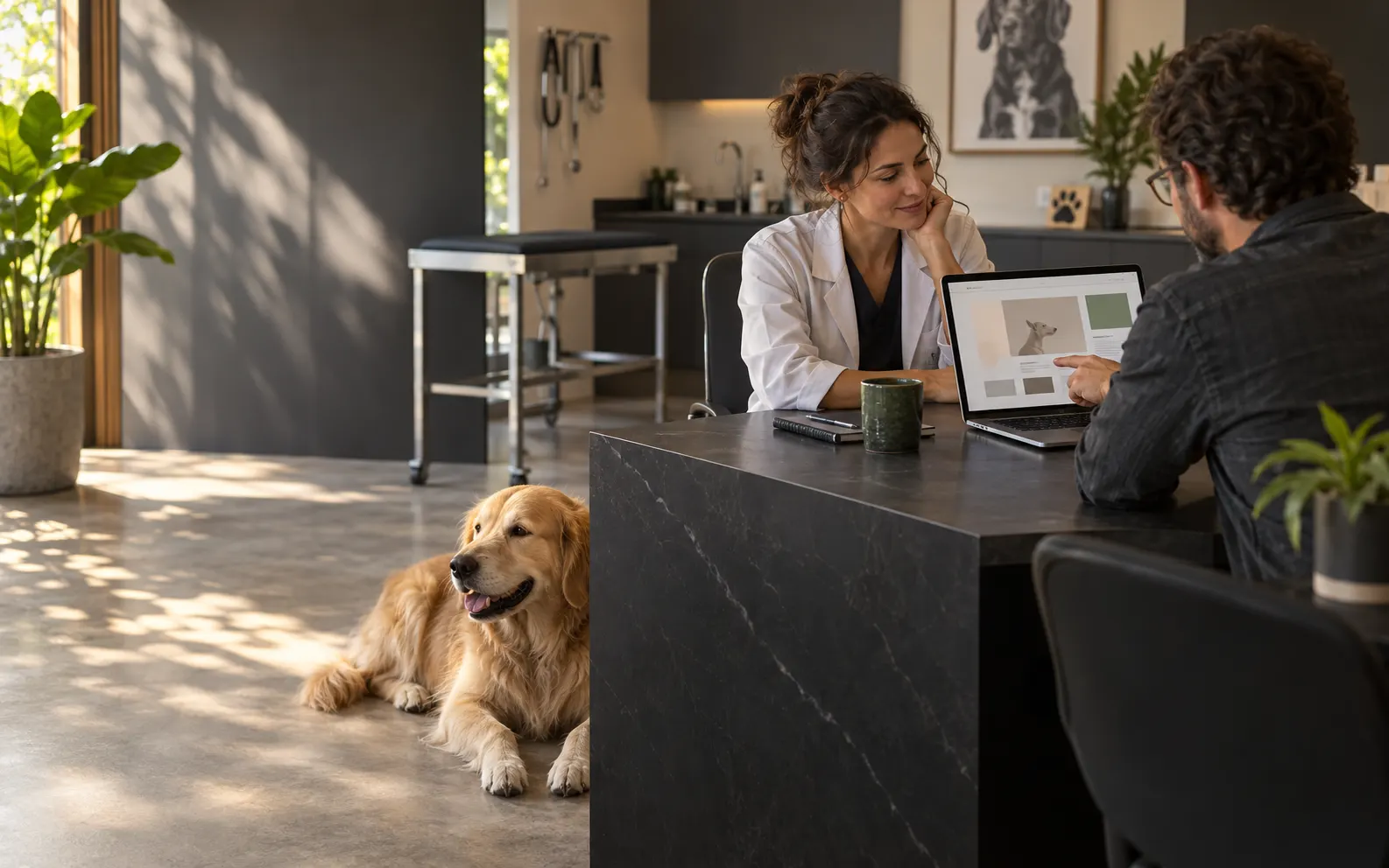 Profissional veterinária revisando um projeto de site com um estrategista